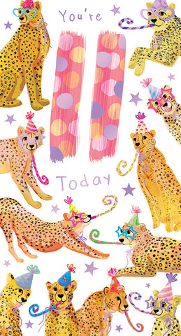Age 11 birthday card - party cheetahs