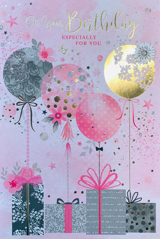 Birthday card for her- bright gold balloons