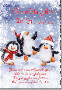 Granddaughter first Christmas card - cute penguins