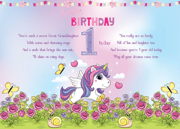 Great-Granddaughter 1st birthday card unicorn