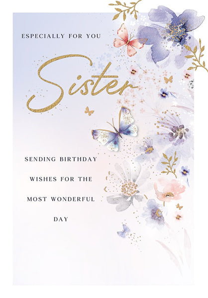 Sister birthday card - flowers and butterflies