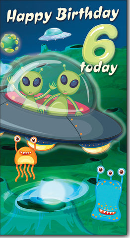 Age 6 birthday card- Space aliens
