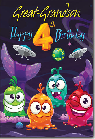 Great-Grandson 4th birthday card - cute space aliens