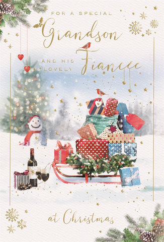 Grandson and Fiancée Christmas card - xmas wine and gifts