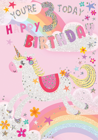 Age 3 birthday card - rainbow unicorn