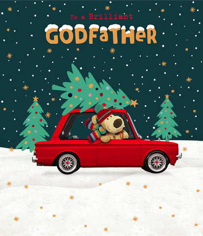 Godfather Christmas card - Boofle with Xmas car