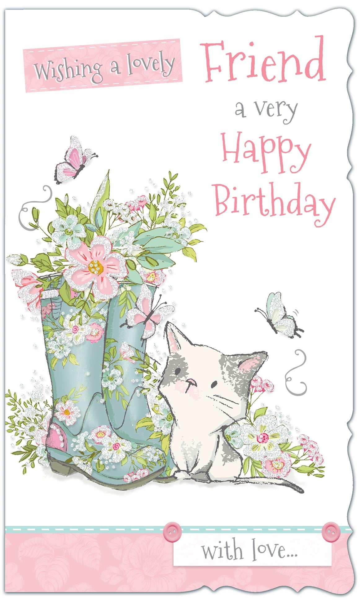 Friend birthday card cute cat and flowers