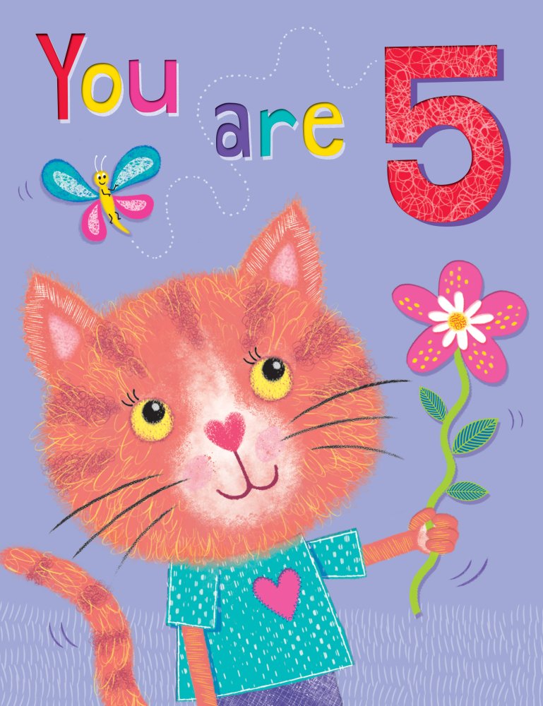 Age 5 birthday card - cute cat