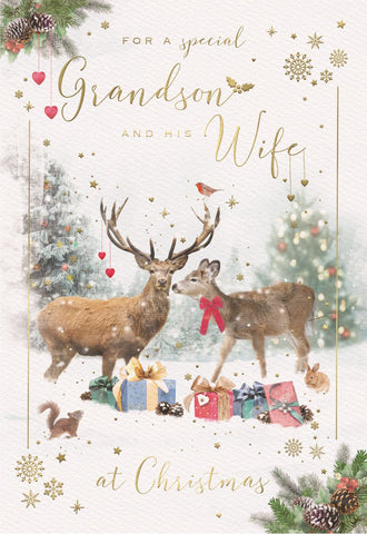 Grandson and Wife Christmas card - Christmas tree and fireside