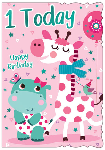 Age 1 birthday card - pink giraffe