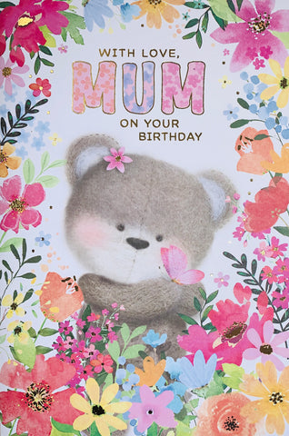 Mum birthday card - cute bear with flower