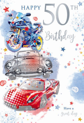 50th birthday card - cars and bike