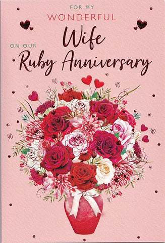 Wife Ruby anniversary card- hearts and flowers