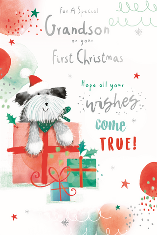 Grandson 1st Christmas card - cute dog and gifts