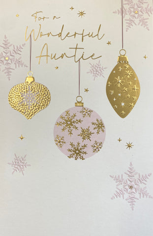 Auntie Christmas card - golden baubles