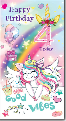 Age 4 birthday card - rainbow unicorn