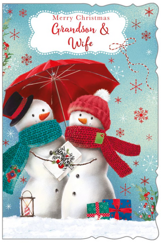 Grandson & Wife Christmas card - cute snowmen