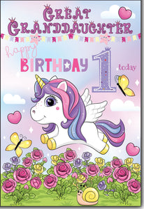 Great-Granddaughter 1st birthday card unicorn