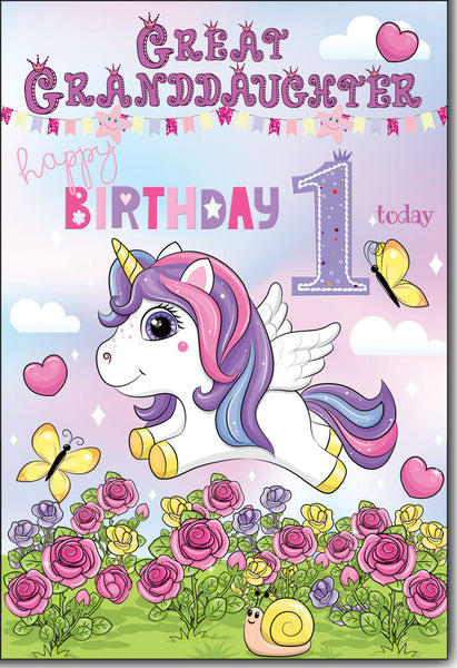 Great-Granddaughter 1st birthday card unicorn