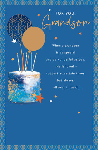 Grandson birthday card - cake and balloons