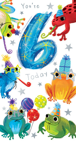 Age 6 birthday card- party frogs