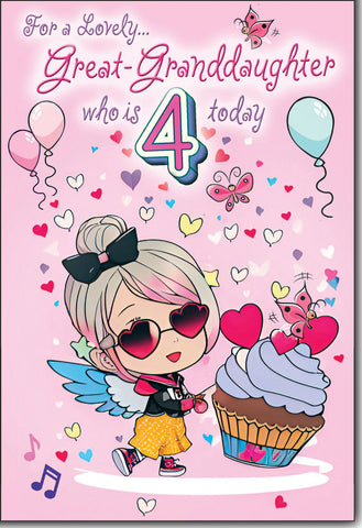Great-Granddaughter 4th birthday card - cute fairy cupcake