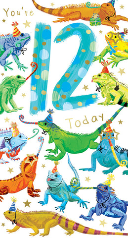 Age 12 birthday card - party iguanas