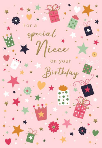 Niece birthday card- colourful gifts