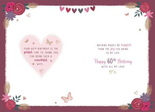 Wife 60th birthday card- flowers and hearts