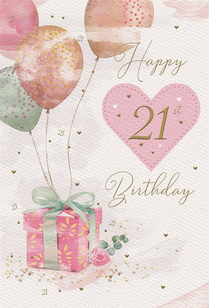 21st birthday card- birthday gifts and balloons