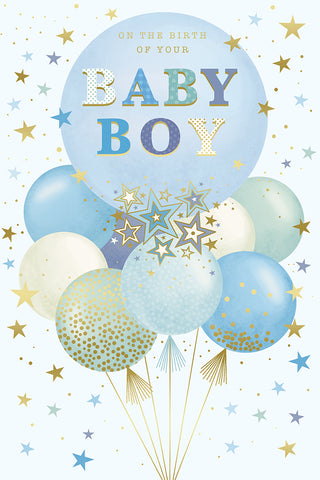 Birth of a baby boy card- blue balloons