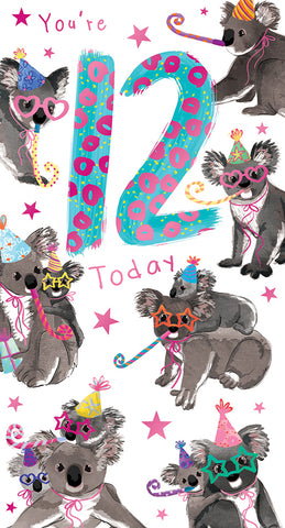 Age 12 birthday card - party koalas