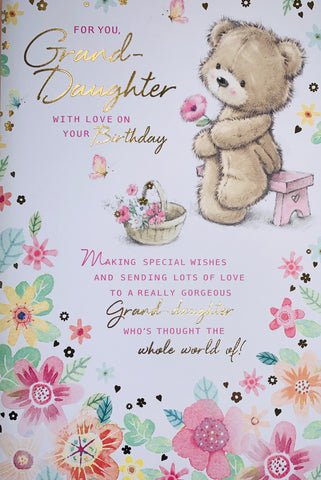 Granddaughter birthday card - cute bear and flowers