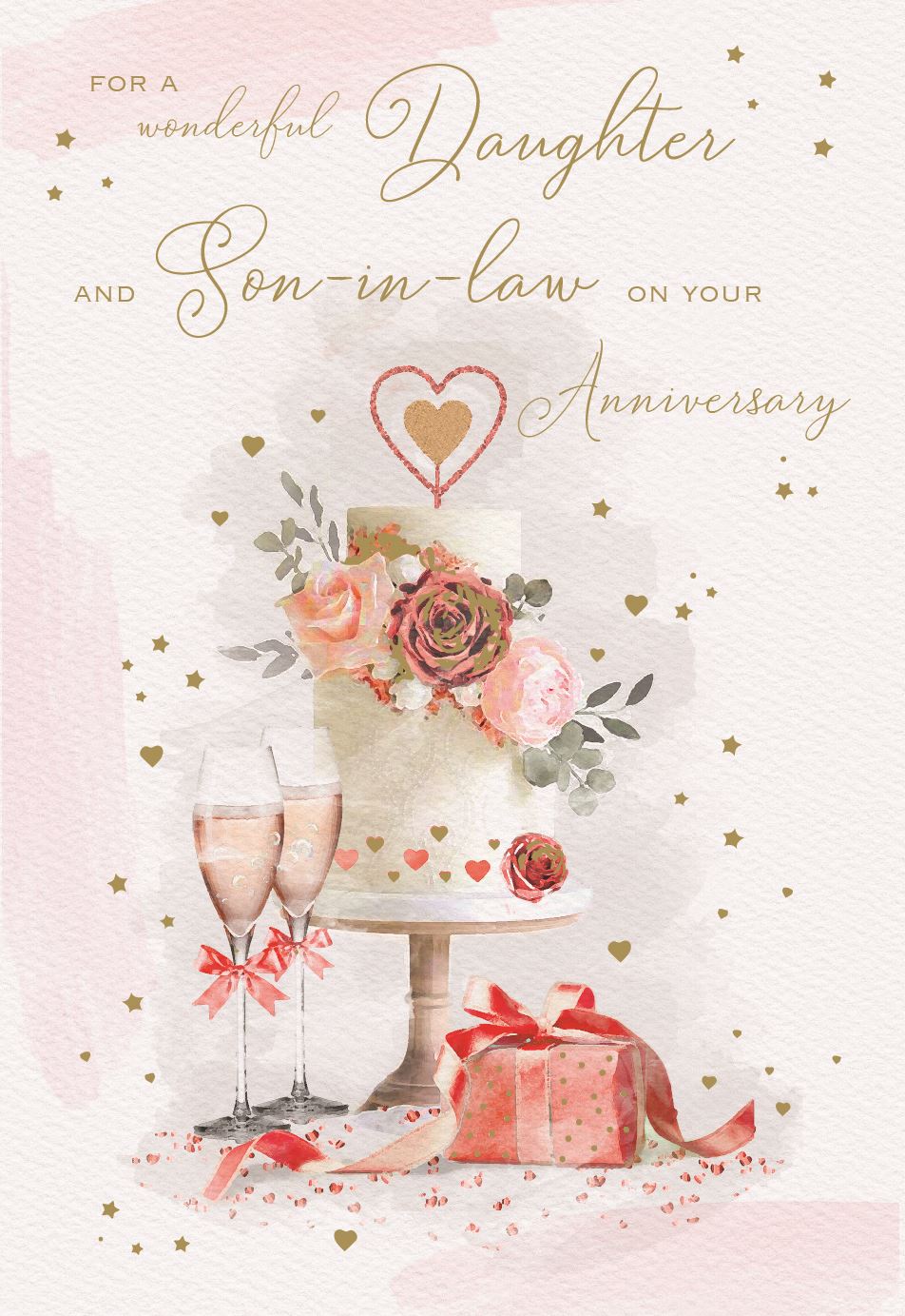 Daughter and Son-in-law anniversary card champagne and cake