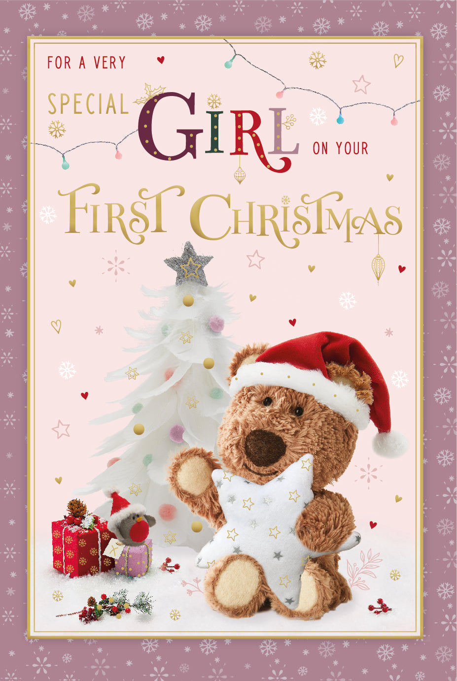 Baby girl’s first Christmas card - cute bear