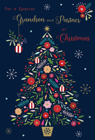 Grandson and partner Christmas card- contemporary Xmas tree