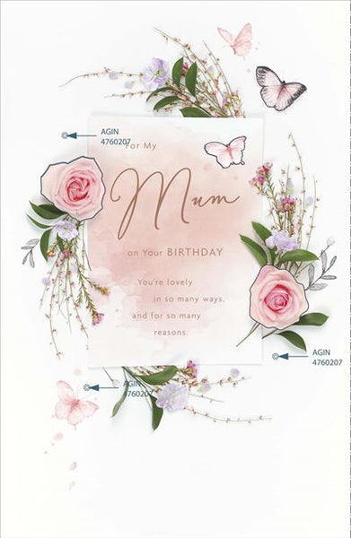 Luxury Mum birthday card flowers and butterflies