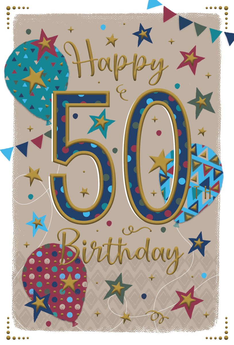 50th birthday card- modern birthday balloons – Cards Through The Post.com