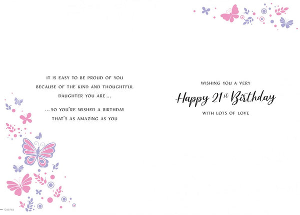 Daughter 21st birthday card pink glitter- Nova