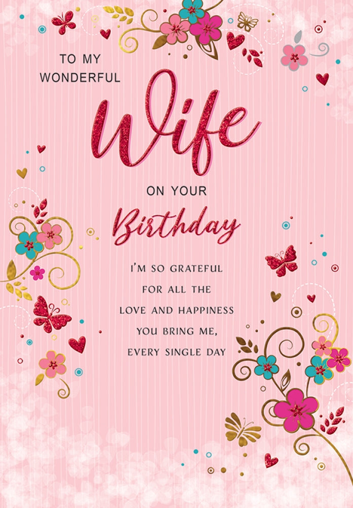 Wife birthday card- bright flowers and butterflies – Cards Through The ...