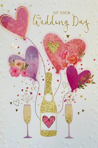 Your wedding day card - champagne and hearts