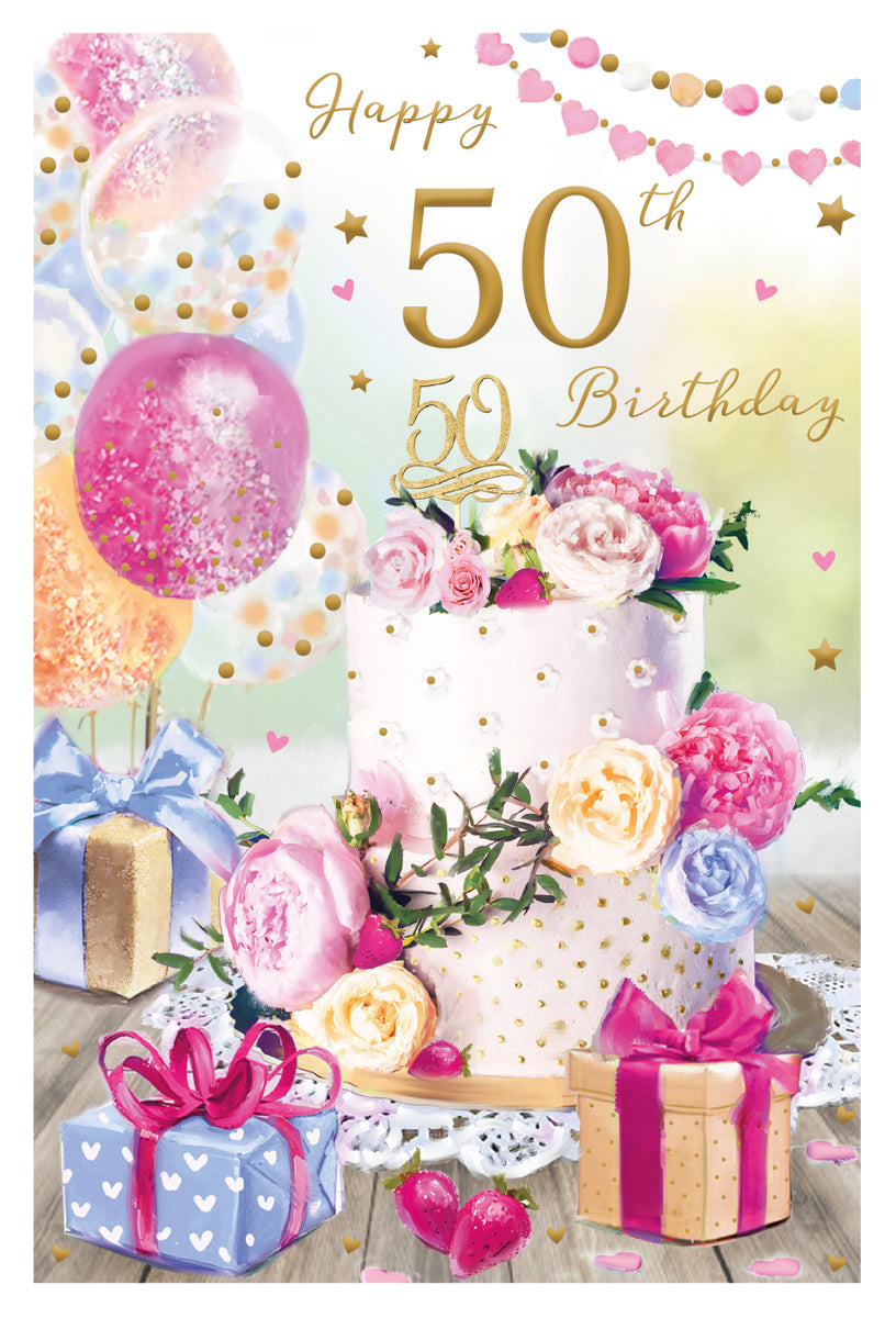 50th birthday card- pink floral cake and balloons – Cards Through The ...